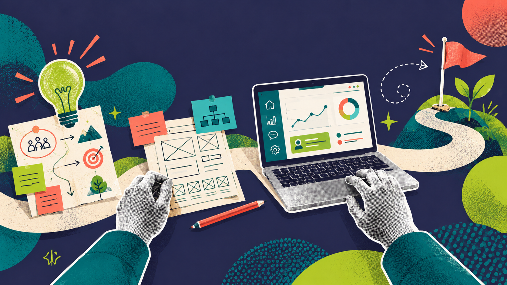 A paper path connects discovery sketches, a digital product and continued growth.