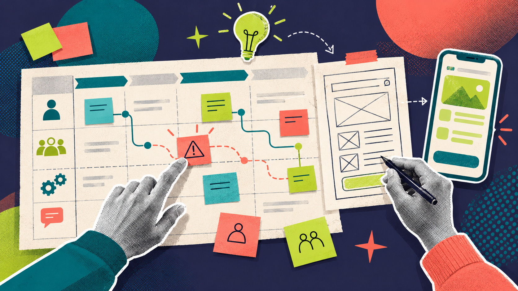 Two hands map a service journey and turn a discovered problem into a prototype.
