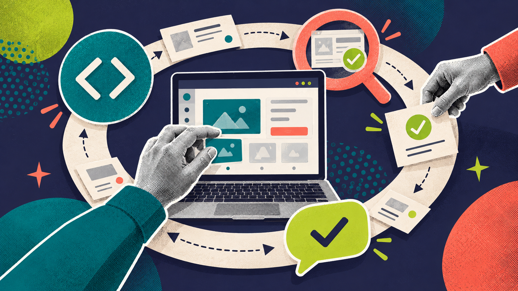 A digital interface sits within a collaborative cycle of development, testing and feedback.