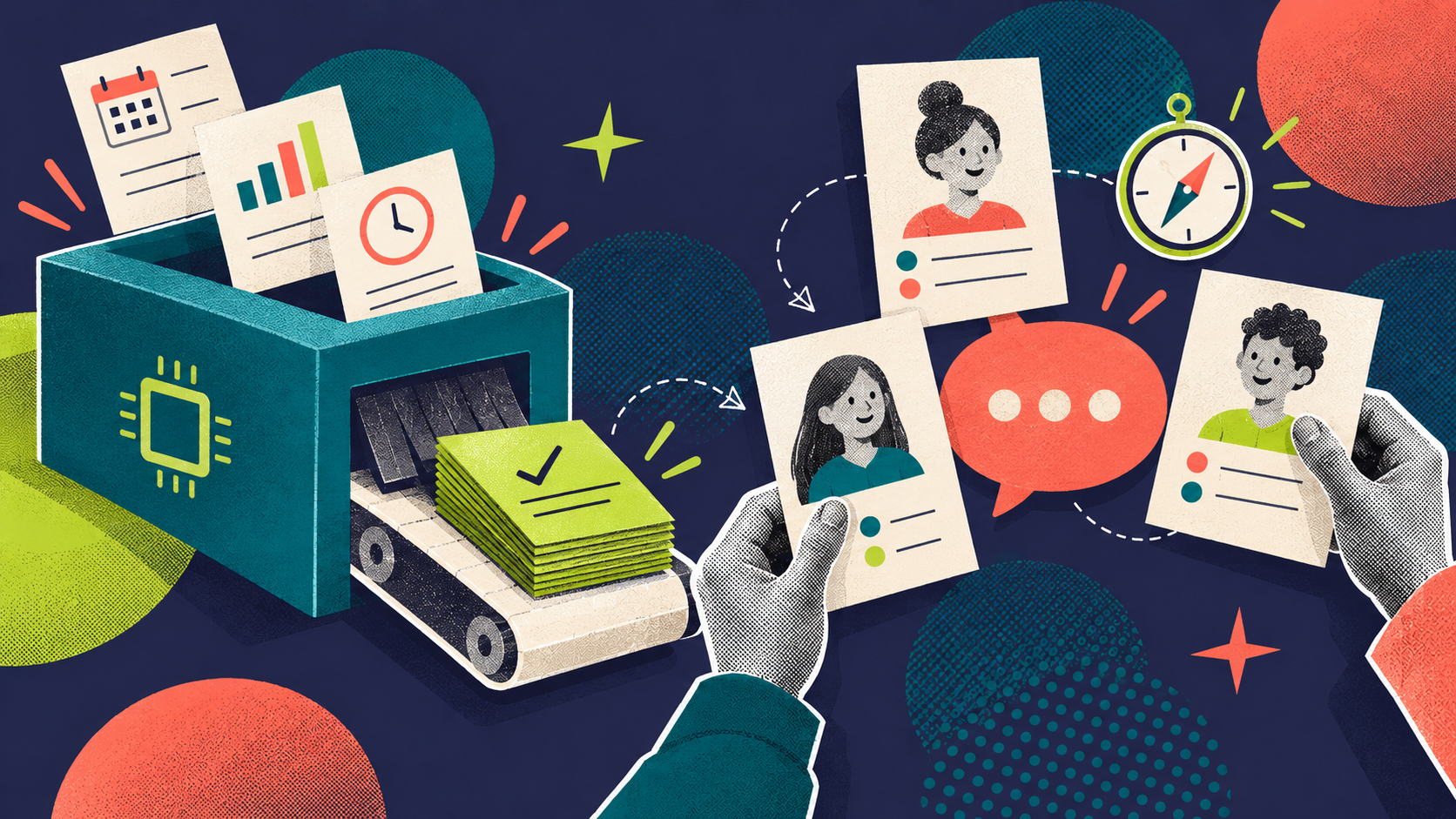 Routine task cards move through an automation tool while people focus on communication.