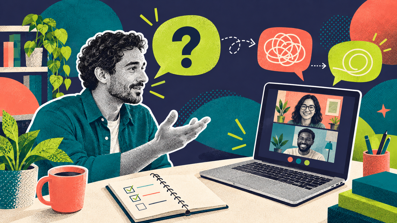 A project manager asks a clarifying question during a friendly client video call.