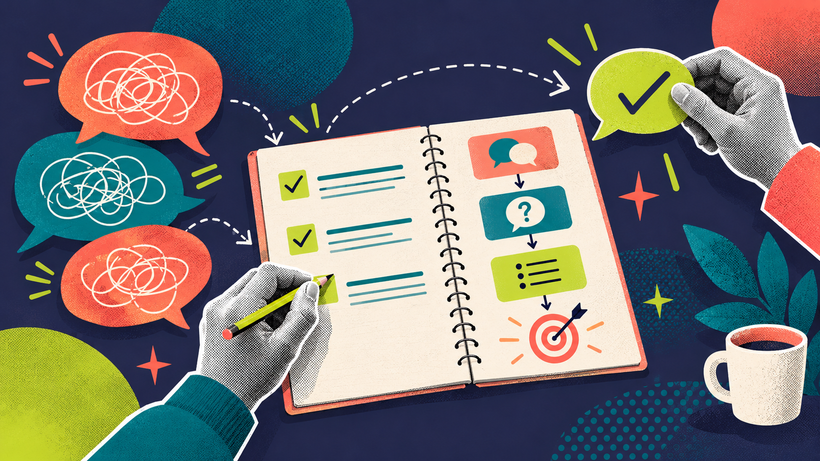 Tangled conversation becomes a clear checklist and shared confirmation in an open notebook.
